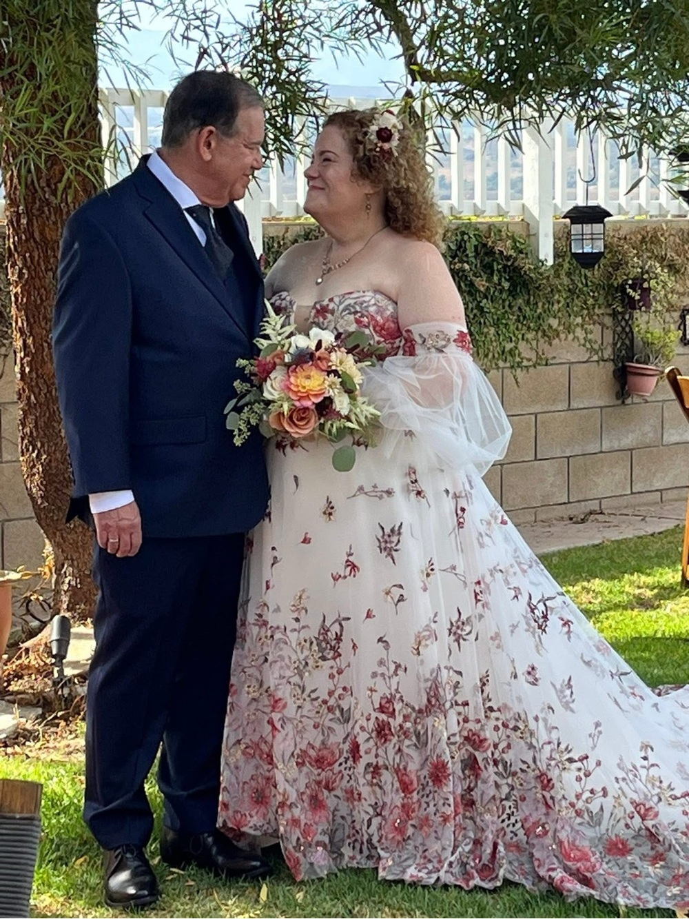 Floral Embroidered White & Corral/Red Wedding Dress